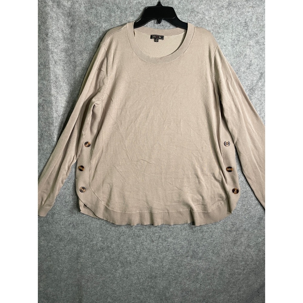 Lety & Me Womens Plus 1X Tan Beige Side Button Crew Neck Knit Sweater Pullover